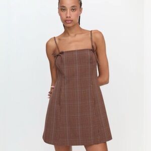 Hill House Rennie Brown Plaid Spaghetti Strap Mini Dress with Blue Pinstripes